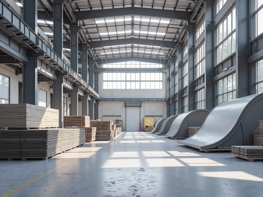 现代化家具工厂外景，大型工业建筑，绿色植被环绕，蓝天白云背景