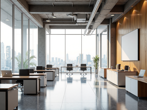 现代化办公家具展厅，展示多种风格办公桌椅组合，明亮自然光环境，现代简约装修风格