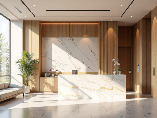 前台接待台，白色大理石台面，金属装饰边框，现代简约设计，大堂环境中