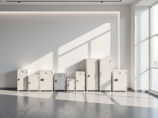 现代风格文件柜，白色烤漆表面，多层抽屉设计，简洁几何造型，办公室环境中